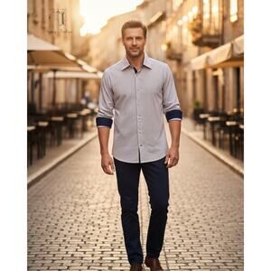 Au Noir Massarotti Mens 43/17 Heathered Mauve Dusty Rose Stretch Button Up Shirt